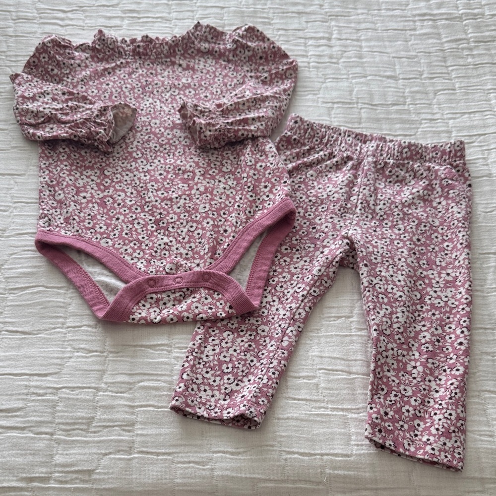 GAP Girls' 2pc Organic Cotton Pink Floral Long-Sleeve Bodysuit & Pants Set 6-12M